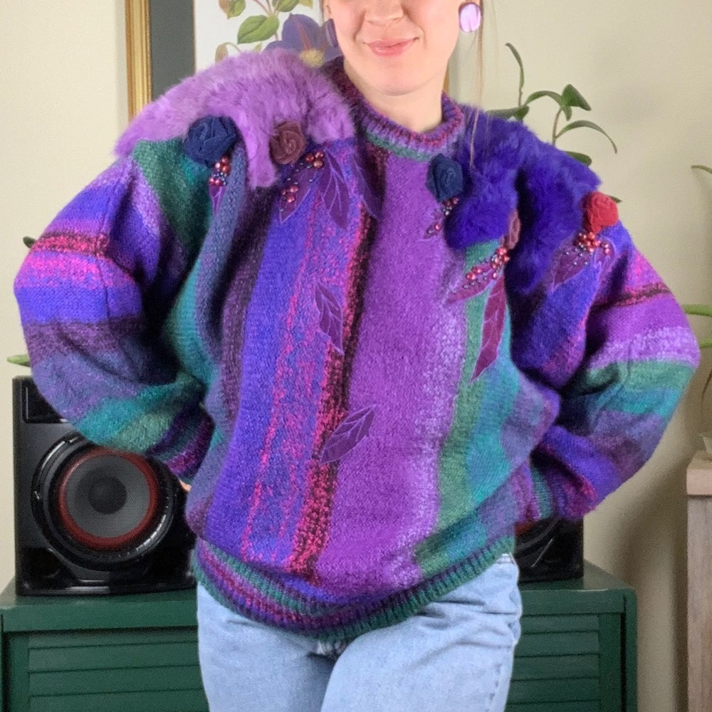 Vintage 80s Textured Printed Mariea Kim Sweater L